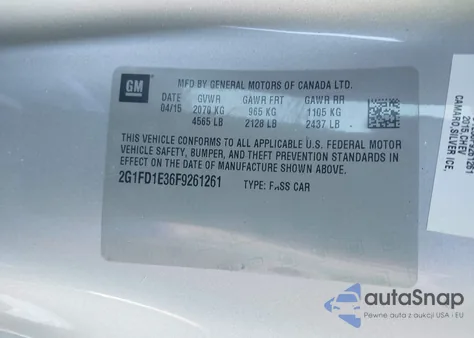 2015 Chevrolet Camaro 1Lt из США, поврежденный, VIN 2G1FD1E36F9261261